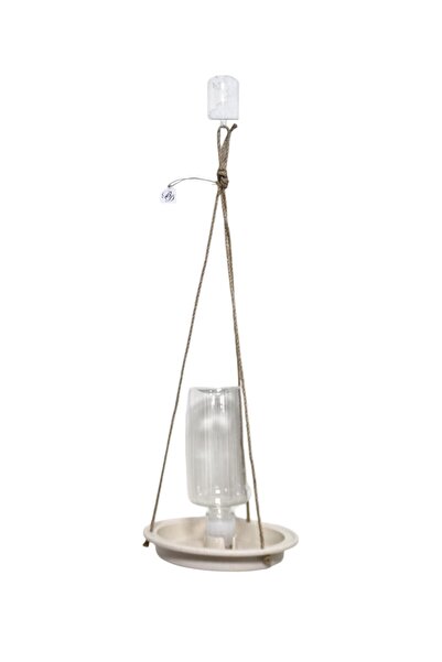 B&D Hanging Bird Feeder with Light Brown Base, Cylindrical Glass Design, Hanging Rope