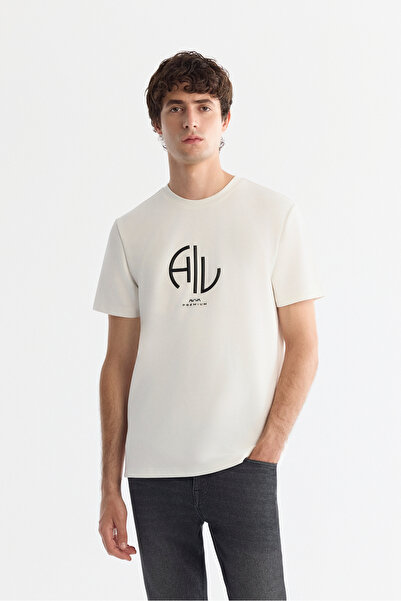 Avva Erkek Ekru Bisiklet Yaka Elastan İnterlok Regular Fit T-Shirt A42Y1001