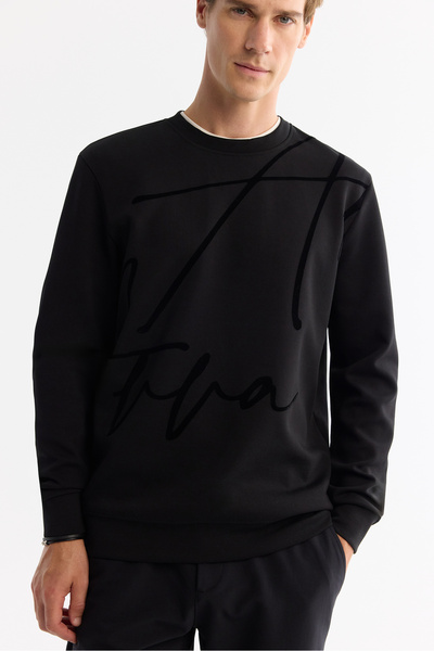 Avva Men's Black Crew Neck Cotton Printed Elastane Regular Fit Sweatshirt A42Y1268