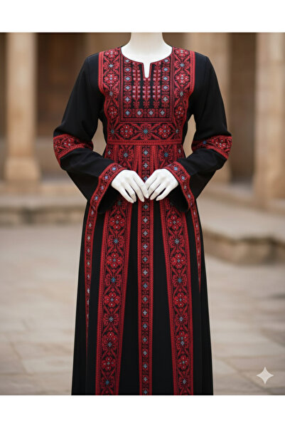 TRANDNIUM Elegant Palestinian jalabiya with royal embroidery, complete with a belt and headband as a gift.