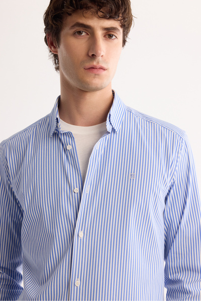 Avva Erkek Mavi Alttan Britli Yaka Kolay Ütülenir Slim Fit Gömlek A42Y2134