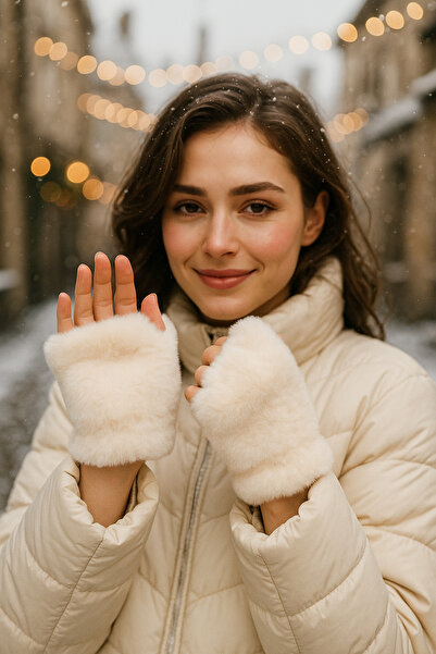 Luminos Butik Women's Ecru Cut Plush Gloves Eld33