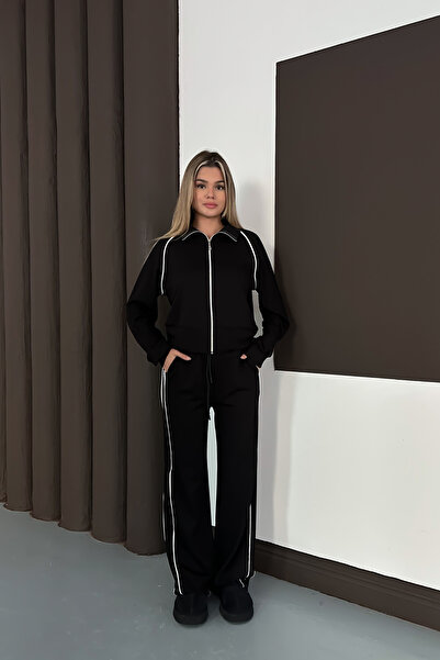 mielva Set de trening din țesătură modală cu fermoar, cu dungi negre, pentru femei