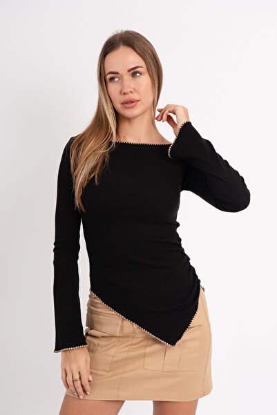 Oq بلوزة أساسية من القطن بنسبة 100% مع تفاصيل تطريز على شكل جرس على الأكمام و...