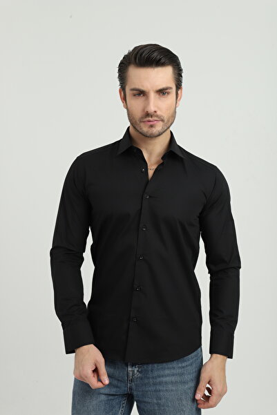 ANDINO قميص رجالي أسود ضيق من القطن والبوليستر بتصميم ضيق AS09K506A-4006