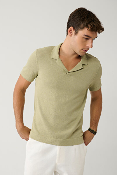 Avva Men's Light Khaki Apaj Collar Terry Fabric Textured Knitwear T-Shirt A41Y5066
