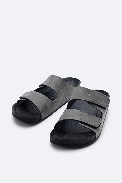 Avva Men's Gray Banded Leather Look Slippers A41Y8301