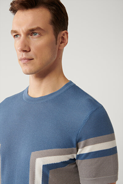 Avva Men's Indigo Soft Touch Crew Neck Colorful Textured Modal Regular Fit Knitwear T-Shirt A41Y5012