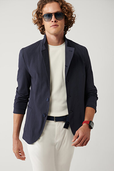 Avva Marineblauer Herren-Blazer mit Stehkragen und Taschen, ungefüttert, leicht, bequem, schmal geschnitten, Jacke A41Y4028