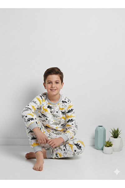 MADALİNA Set de pijamale pentru băiat, 100% bumbac, cu model elefant galben