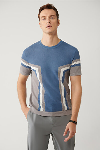 Avva Men's Indigo Soft Touch Crew Neck Colorful Textured Modal Regular Fit Knitwear T-Shirt A41Y5012