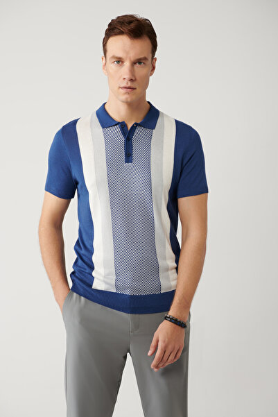 Avva Pánské indigové tričko s 3 knoflíky a barevným polo límečkem Regular Fit Trikotové tričko A41Y5025