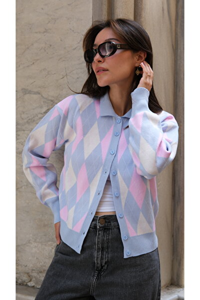 Butik Una Fiaba -Mavi Kadın Polo Yaka Baklava Desenli Düğmeli Triko Hırka