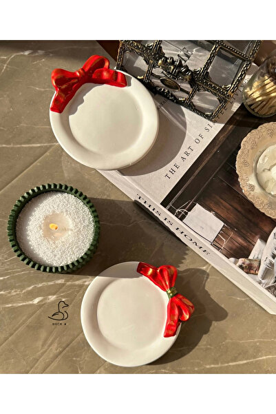 DUCK DECORATION Yılbaşı konsept 2’li kurdeleli dekor tabak inci tozlu mum set