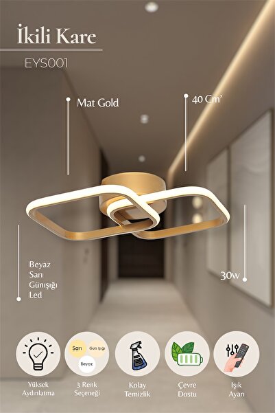 EYSHOP Modern Eskitme İkili Kare 3 Renk (Kumandalı-Dimmerlı) Beyaz/Sarı/Günışığı LED Avize Antre Koridor