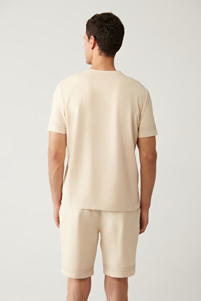 Avva Ανδρικό μπλουζάκι με λαιμόκοψη σε μπεζ χρώμα, υφασμάτινο μπλουζάκι με στάμπα κανονικής εφαρμογής A41Y1107