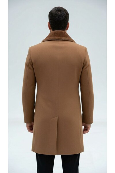 Plus Scorpion Men's Long Cashmere Coat – Detachable Fur Collar, Lined and with Pockets Slim Fit Coat (Beige,