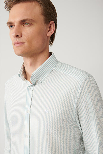 Avva Cămașă pentru bărbați, albastru deschis, cu guler cu nasturi, cu căptușeală, ușor de călcat, slim fit A41Y2082