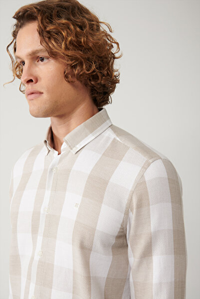 Avva Men's Beige 100% Cotton Button-Down Collar Cotton Plaid Textured Regular Fit Shirt A41Y2044
