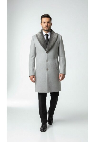 Plus Scorpion Men's Long Cashmere Coat – Detachable Fur Collar, Lined and with Pockets Slim Fit Coat (Beige,