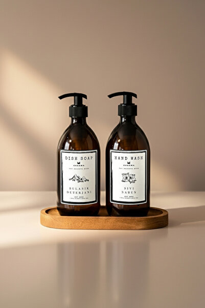 KHAKMA 2 عبوة من صابون سائل زجاجي كهرماني لغسل الأطباق وزجاجة سائلة مع حامل خشبي بيضاوي 500 مل Bb Hd St