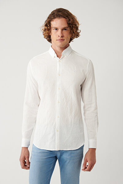 Avva Men's White Bottomed Britli Collar Cotton Textured Slim Fit Shirt A41Y2080