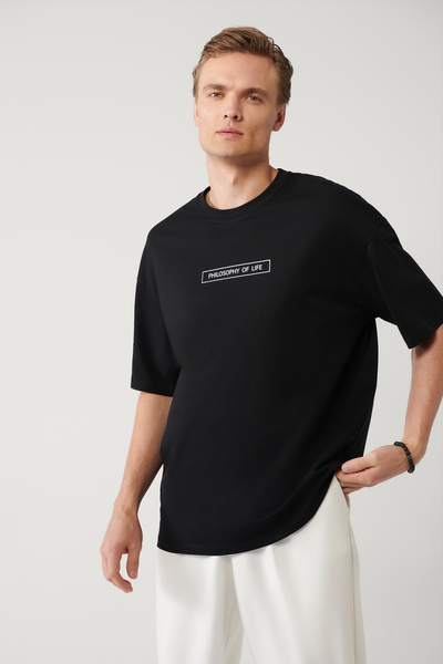 Avva Men's Black 100% Cotton Crew Neck Printed Oversize Fit T-Shirt A41Y1173