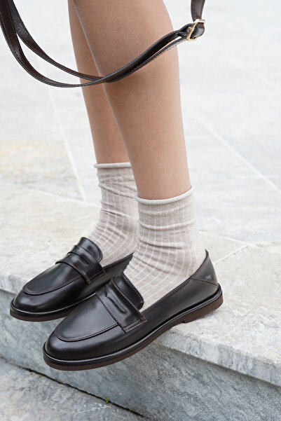 Marjin Kadın Loafer Düz Taban Makosen Günlük Ayakkabı Riston Kahve