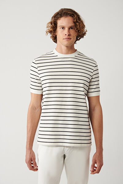 Avva Weißes Herren-T-Shirt mit Rundhalsausschnitt und Streifen aus Baumwolle in regulärer Passform A41Y1066