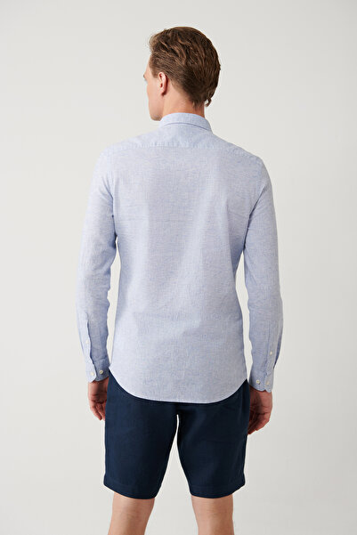 Avva Cămașă pentru bărbați, albastru deschis, cu dungi, garnituri, amestec de in, cu croială normală A41Y2066
