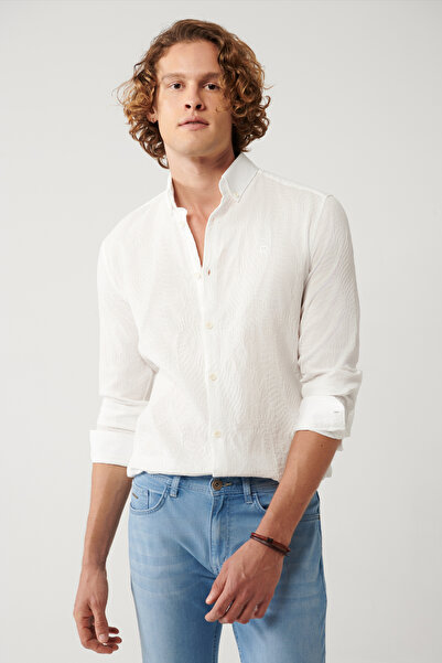Avva Men's White Bottomed Britli Collar Cotton Textured Slim Fit Shirt A41Y2080
