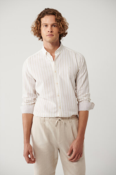 Avva Men's White Seersucker Striped Lycra Cotton Slim Fit Shirt A41Y2112