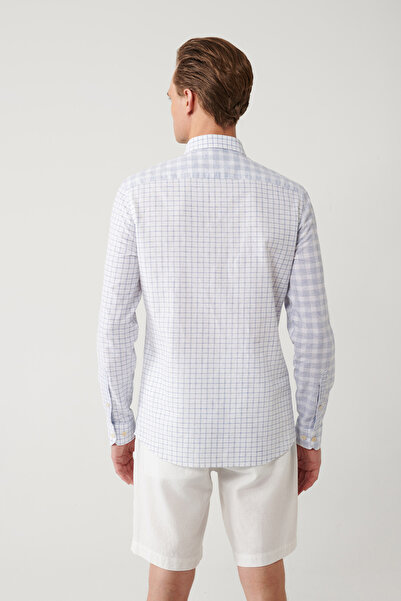 Avva Erkek Mavi Ekose Parçalı Keten Karışımlı Regular Fit Gömlek A41Y2052