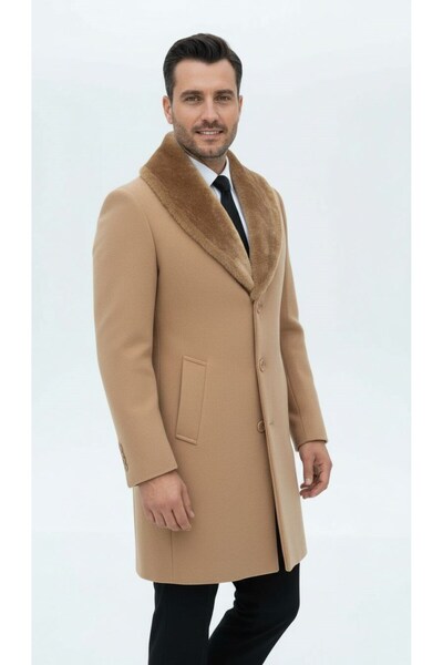 Plus Scorpion Men's Long Cashmere Coat – Detachable Fur Collar, Lined and with Pockets Slim Fit Coat (Beige,