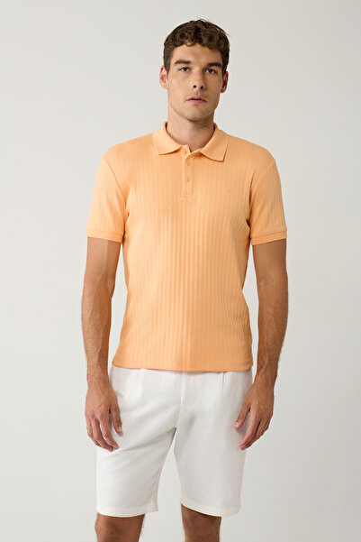 Avva Men's Light Orange 100% Cotton 3 Button Jacquard Polo Neck Regular Fit T-Shirt A41Y1354