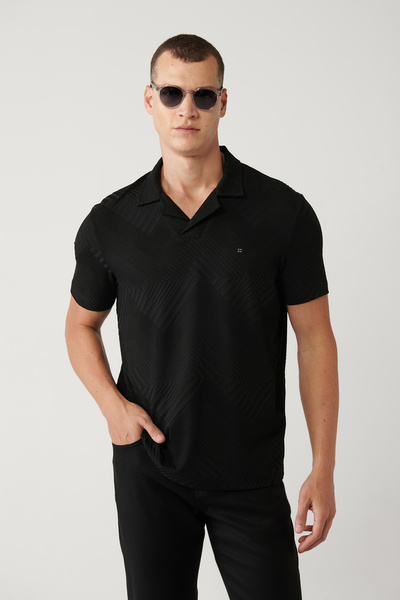 Avva تي شيرت رجالي أسود بياقة أباخ من الجاكار ذو قصة عادية A41Y1141