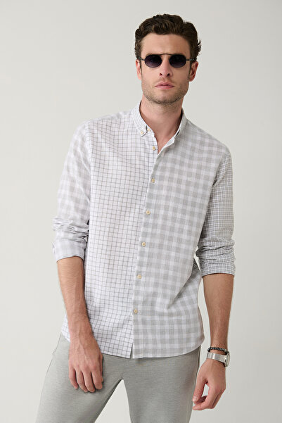 Avva Men's Gray Plaid Patchwork Linen Blend Regular Fit Shirt A41Y2052