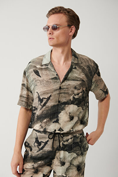 Avva Мъжка сива риза с 100% вискоза, яка Apaj, вискозен мотив, къс ръкав, широка кройка A41Y2218