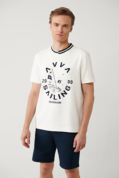 Avva Ανδρικό μπλουζάκι με λευκό μαλακό αφή με λαιμόκοψη και κέντημα με κανονική εφαρμογή A41Y1334