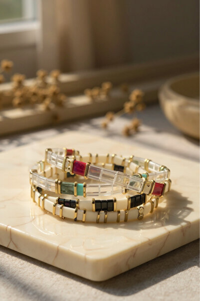 NAZLI TAKILAR Set of 4 Cream Colored Handmade Elastic Miyuki Tila Glass Beaded Bracelets