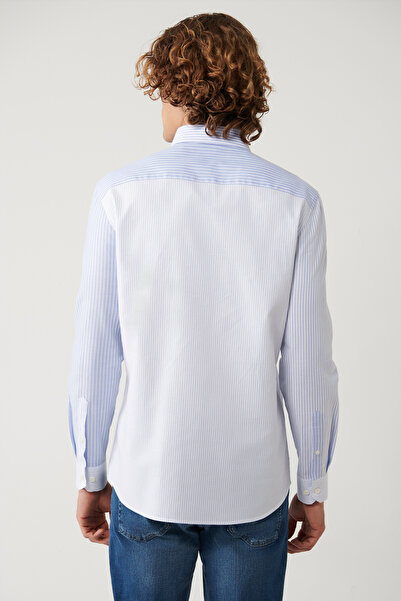 Avva Erkek Mavi %100 Pamuk Düğmeli Yaka Çizgili Nakışlı Slim Fit Gömlek A41Y2206