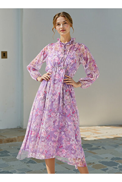 2Xtremz 2Xtremz Floral Print Ruffle Neck Midi Dress