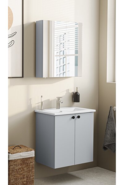 VitrA Shift T20 Banyo Dolabı Seti 60 cm – Lavabolu ve Ayna Dolaplı – Kül Gri