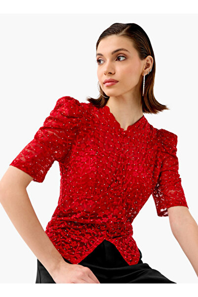 2Xtremz Flower Lace Sheer Top with Button Closure and Puff Sleeves