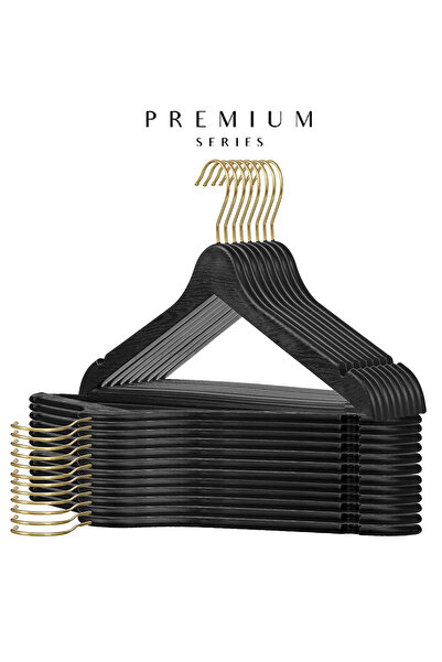 HERA 10 Adet Siyah Ahşap Desenli Askı Özel Seri Plastik Askı Kıyafet Elbise Gömlek Askısı Altın Kancalı