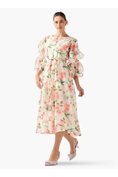 2Xtremz Floral Print Midi Dress with Ruffle Sleeves and Tie-Up Belt