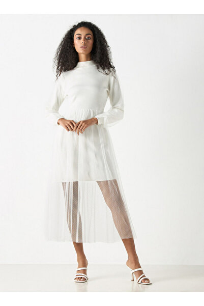 2Xtremz Mesh Textured Midi Dress With Long Sleeves And High Neck