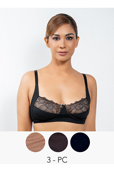 Aadaraya Set Of 3 - Laced Balconette Bra With Hook And Eye Closure