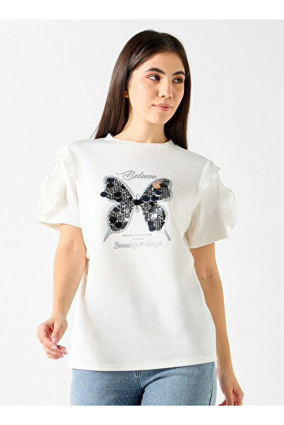 2Xtremz Butterfly Embellished T-shirt With Ruffle Detail Sleeves
