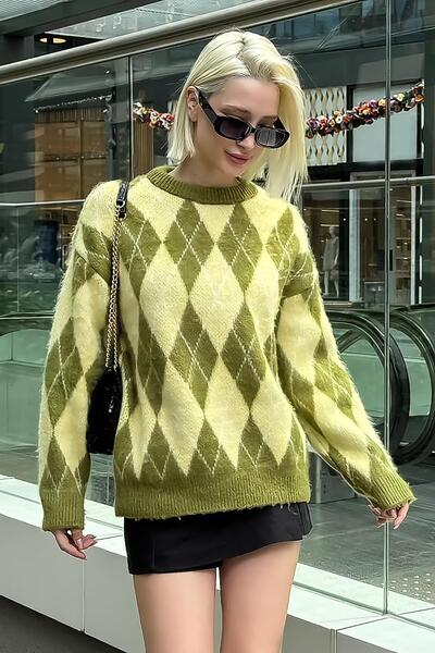 Madmext Yeşil Bisiklet Yaka Şardonlu Baklava Desenli Kazak Mg2493